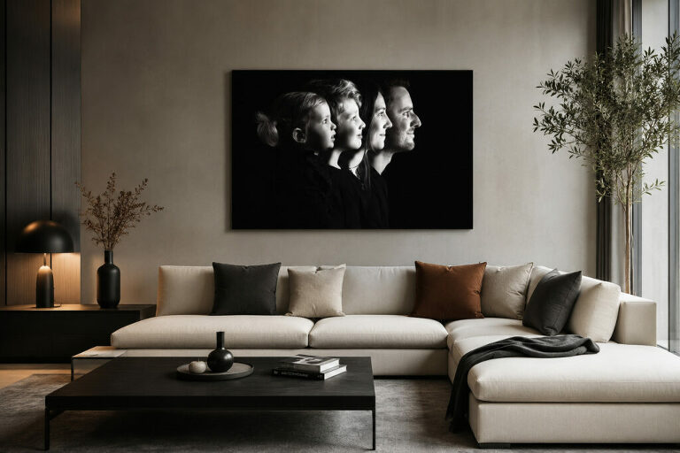 portrait famille noir et blanc dans un salon